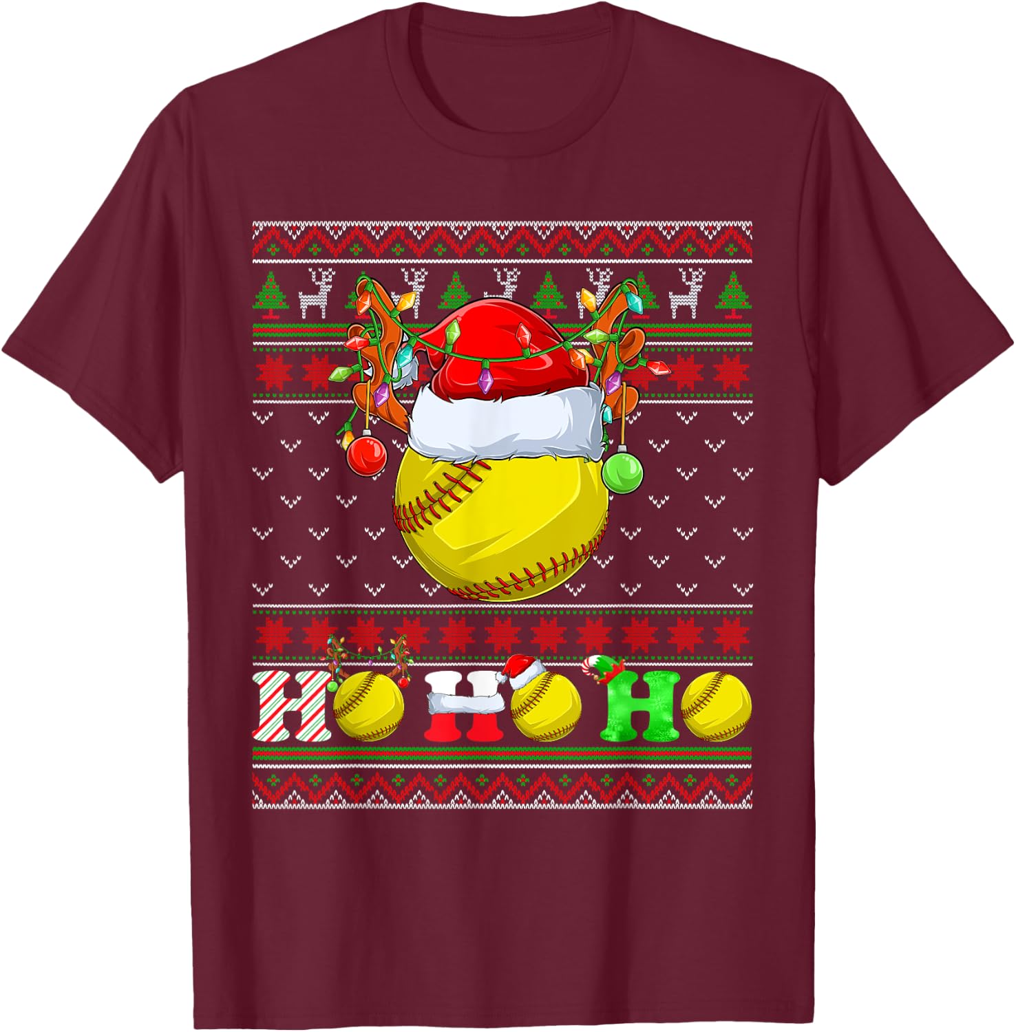 Funny Softball Ball Xmas Tree Lights Ugly Christmas Sweater T-Shirt - T-Shirt | Maroon