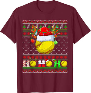 Funny Softball Ball Xmas Tree Lights Ugly Christmas Sweater T-Shirt - T-Shirt | Maroon