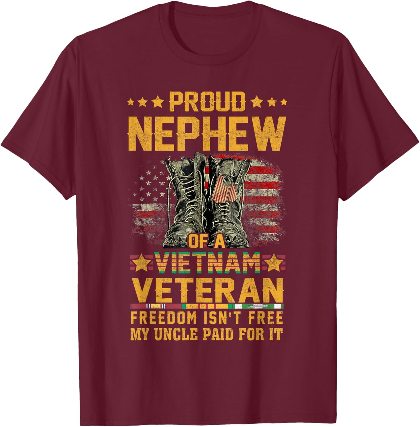 Proud Nephew Of Vietnam Veteran Patriotic Vet Flag USA T-Shirt - T-Shirt | Maroon