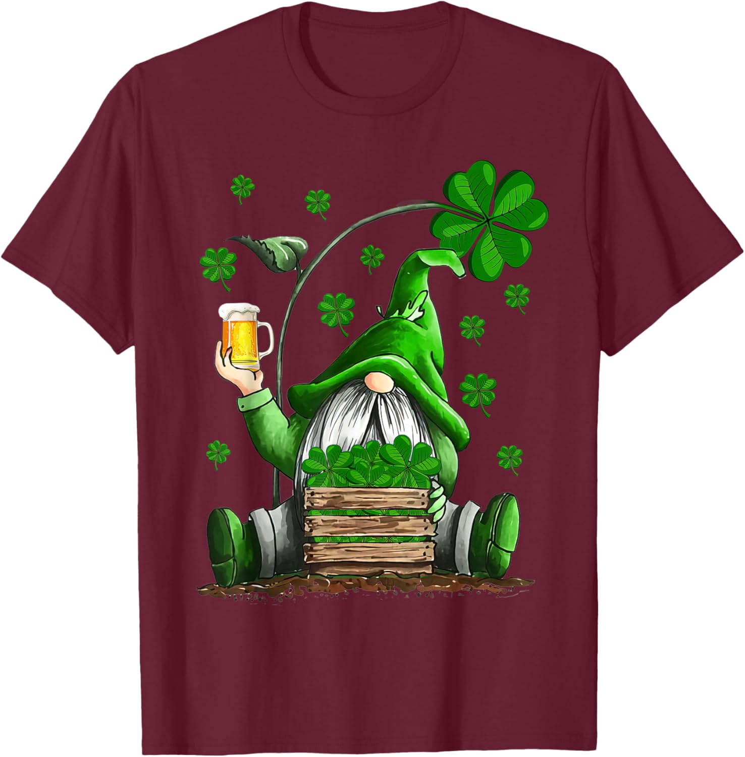 Irish Gnome Drink Beer Lucky Shamrock Gnome St Patricks Day T-Shirt - T-Shirt | Maroon