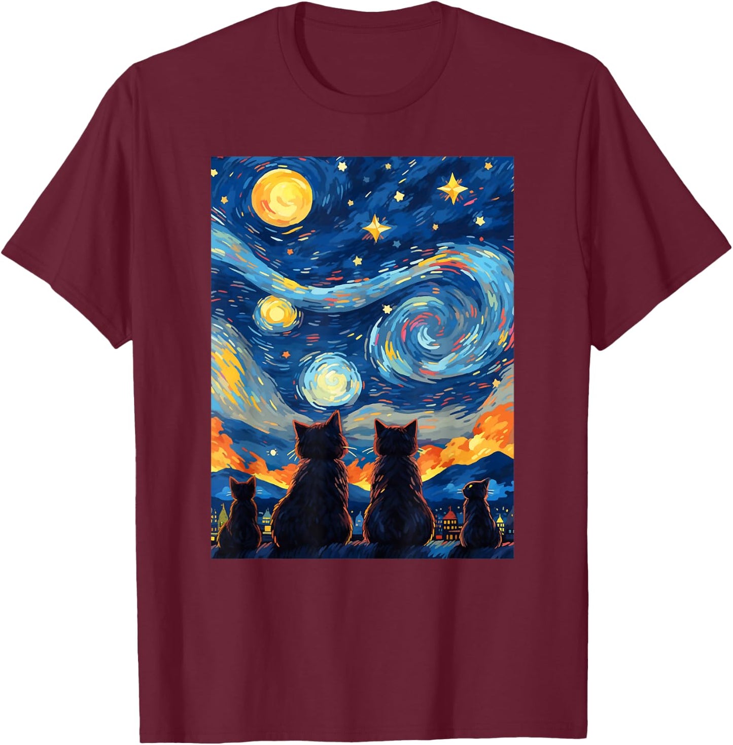 black cats Painting art Starry Night kitty kitten Van Gogh T-Shirt - T-Shirt | Maroon