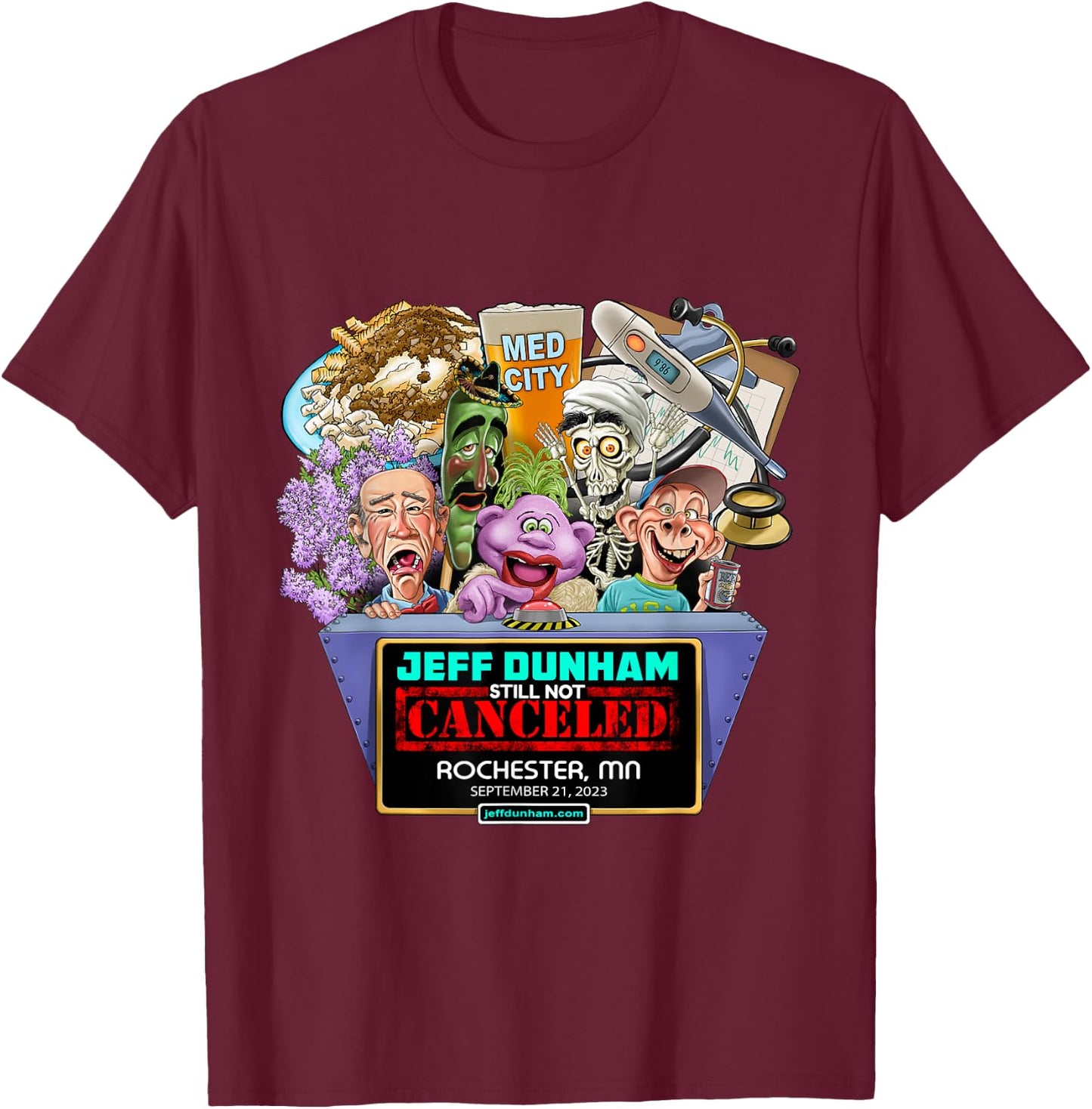 Jeff Dunham Rochester, MN (2023) T-Shirt - T-Shirt | Maroon