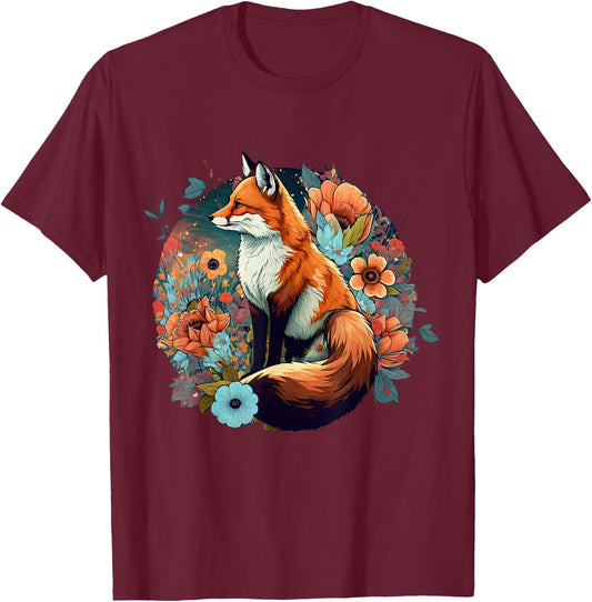 Cute Cottagecore Floral Fox Aesthetic Girls Women Graphic Small T-Shirt - T-Shirt | Maroon