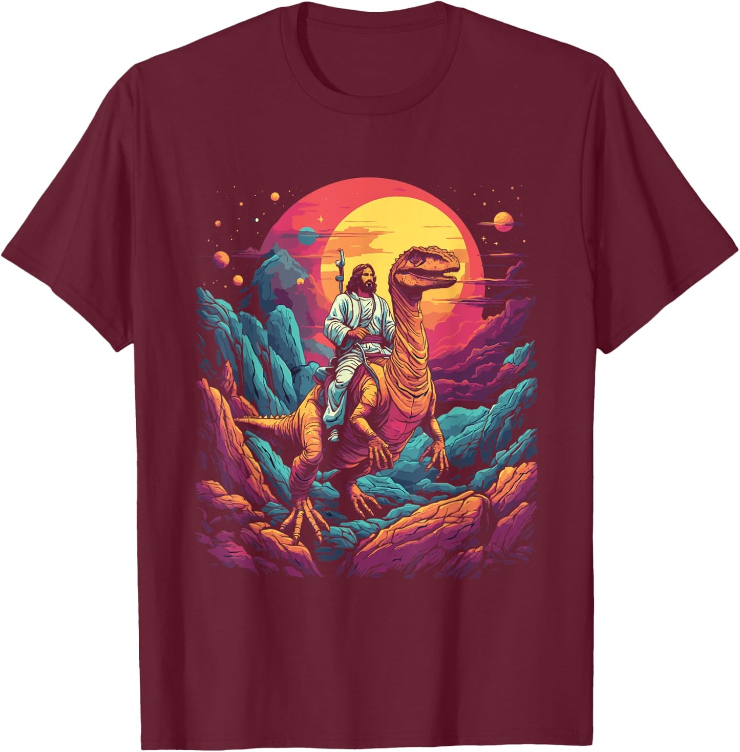 Jesus Riding in Space T-Rex Dinosaur Meme Sci-Fi Believers T-Shirt - T-Shirt | Maroon