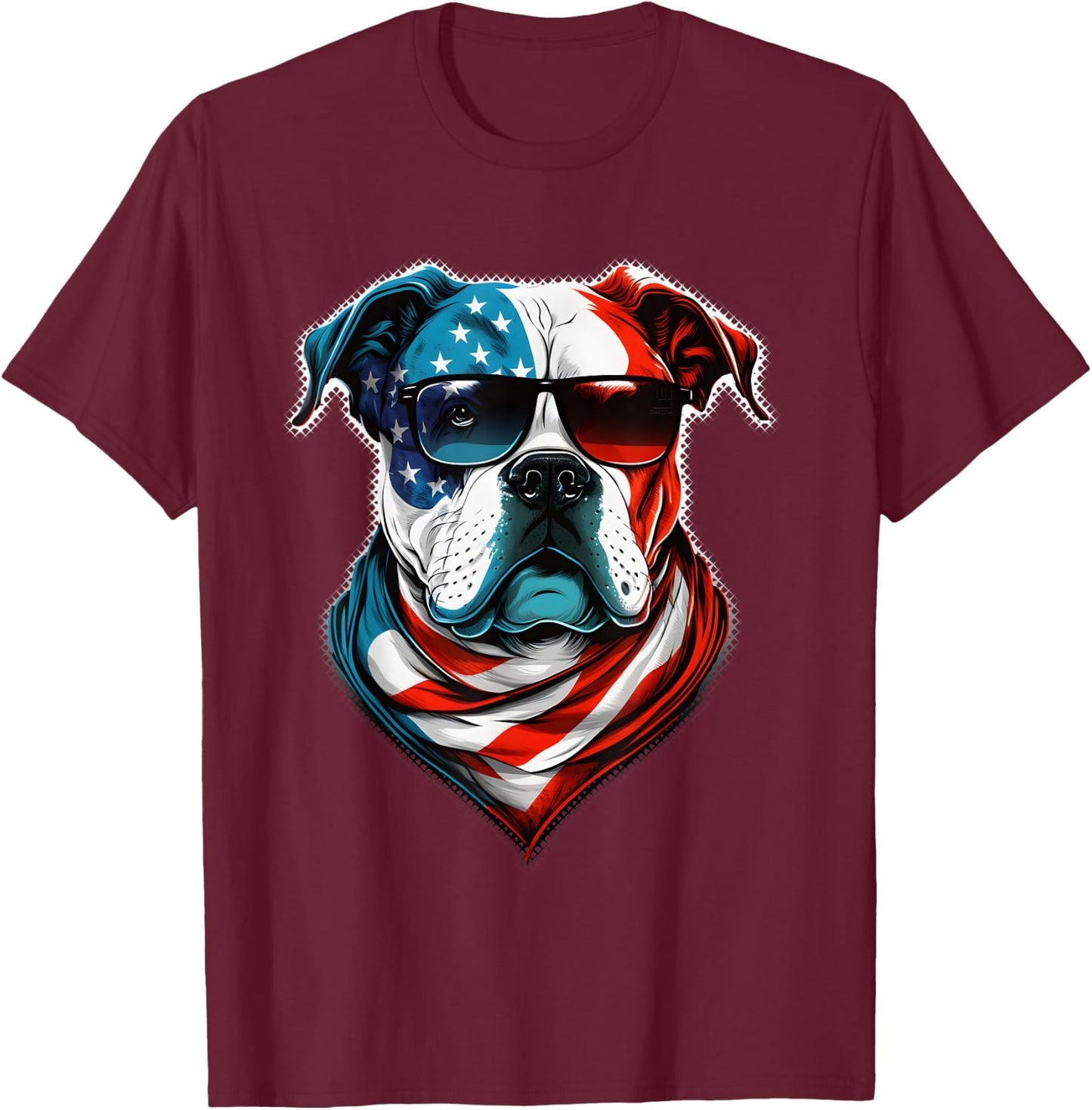 American Bulldog Dog Red White Blue American Flag Sunglasses T-Shirt - T-Shirt | Maroon