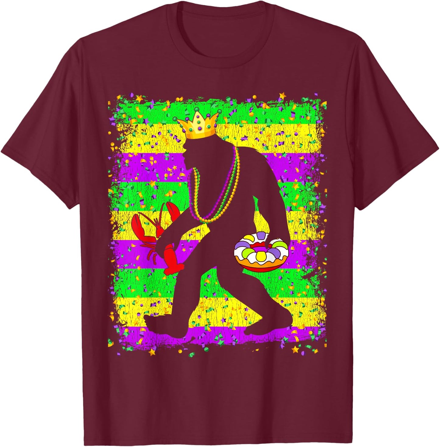 Bigfoot Mardi Gras Sasquatch Funny Men Kids Carnival festiva T-Shirt - T-Shirt | Maroon