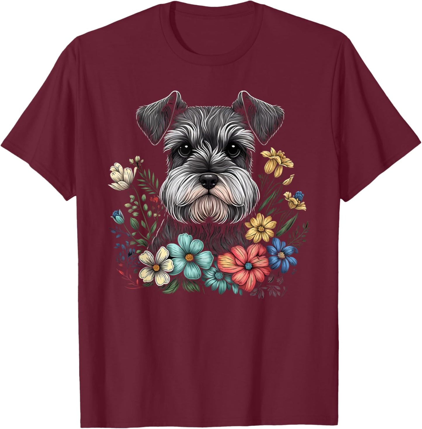 Miniature Mini Schnauzer Floral Garden Dog Art with Flowers T-Shirt - T-Shirt | Maroon