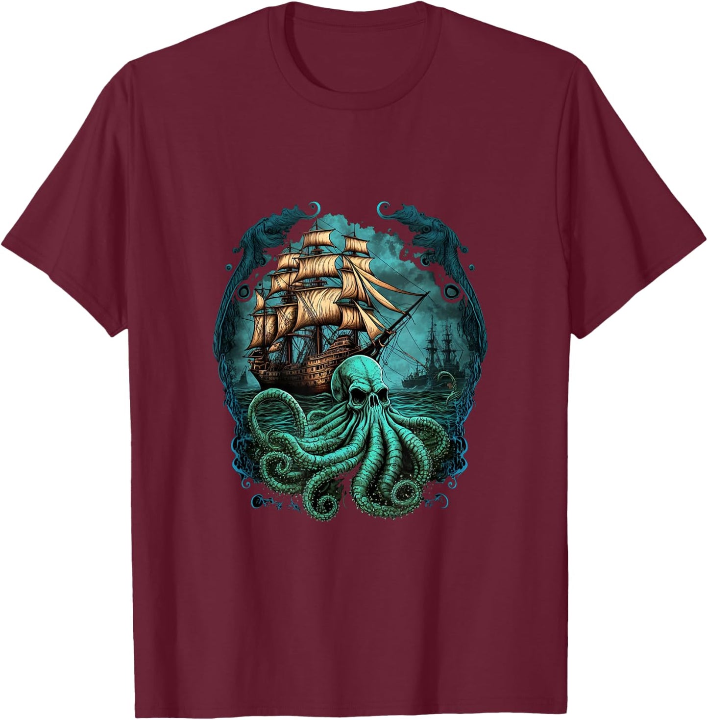 Octopus Kraken Pirate Ship Sailing T-Shirt - T-Shirt | Maroon