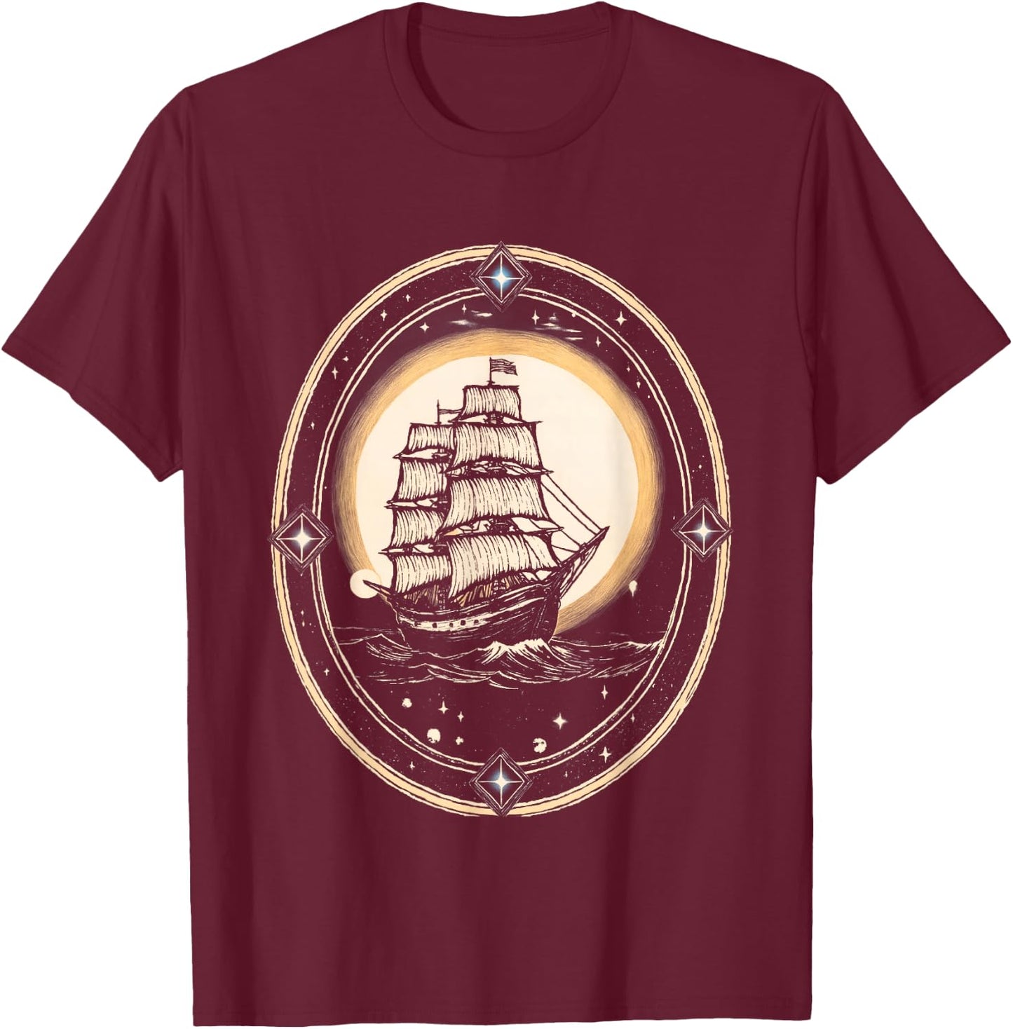 Vintage Nautical Moonlight Clipper Ship T-Shirt - T-Shirt | Maroon