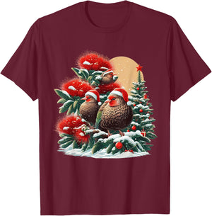 Christmas Pohutukawa Tree New Zealand Kiwi Birds Santa Hat T-Shirt - T-Shirt | Maroon