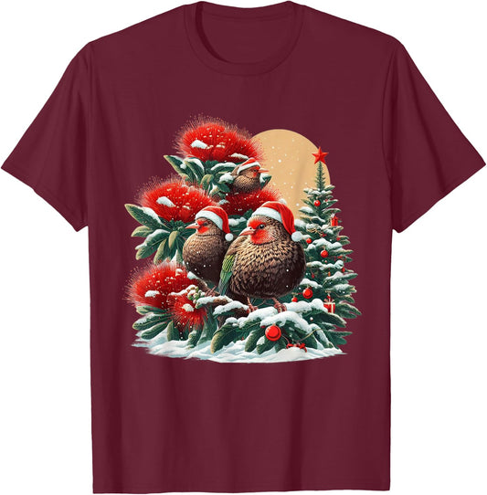 Christmas Pohutukawa Tree New Zealand Kiwi Birds Santa Hat T-Shirt - T-Shirt | Maroon