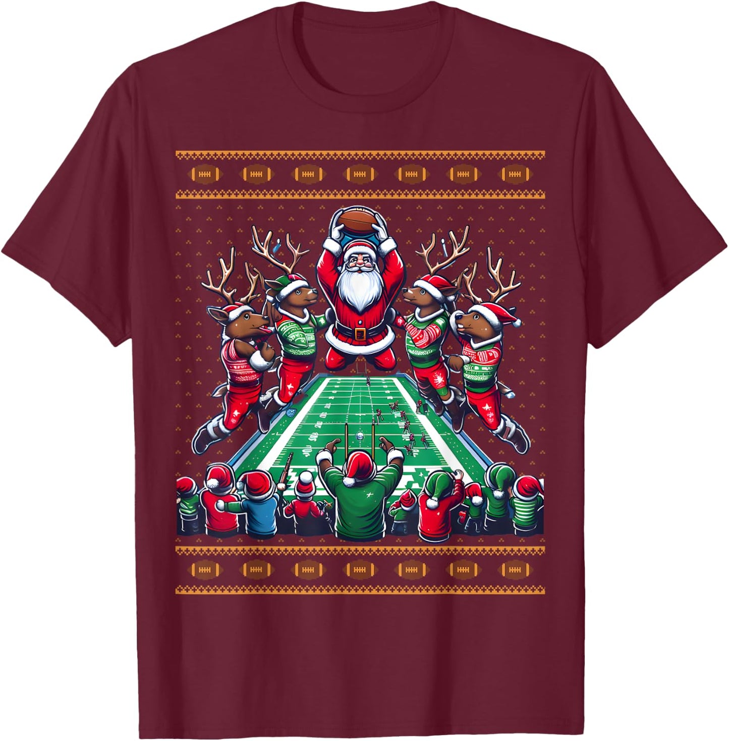 Santa Reindeer Play American Football Christmas Football Fan T-Shirt - T-Shirt | Maroon