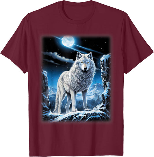 White Wolf standing on a snowy hill Forest Fantasy Nature T-Shirt - T-Shirt | Maroon