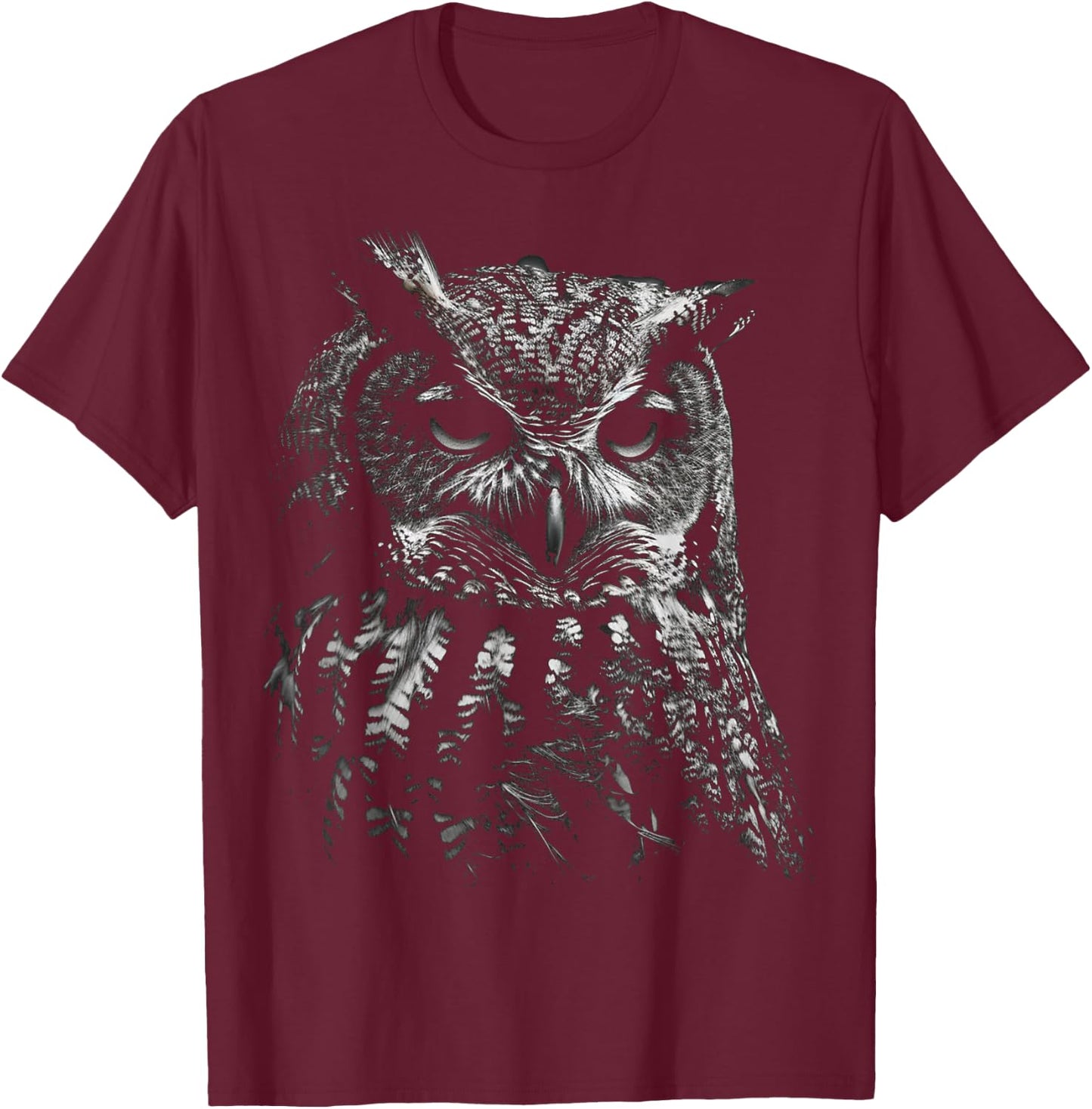 Owl Portrait Artwork | Animal Motif Owl T-Shirt - T-Shirt | Maroon