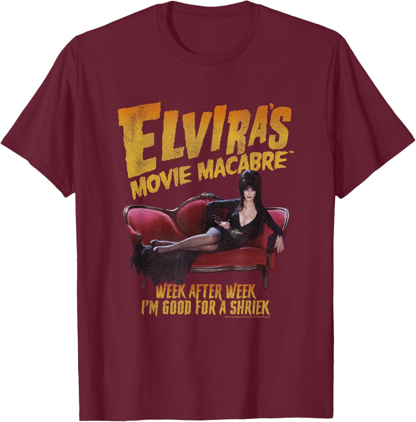 Elvira, Mistress of the Dark Movie Macabre Shriek Poster T-Shirt - T-Shirt | Maroon