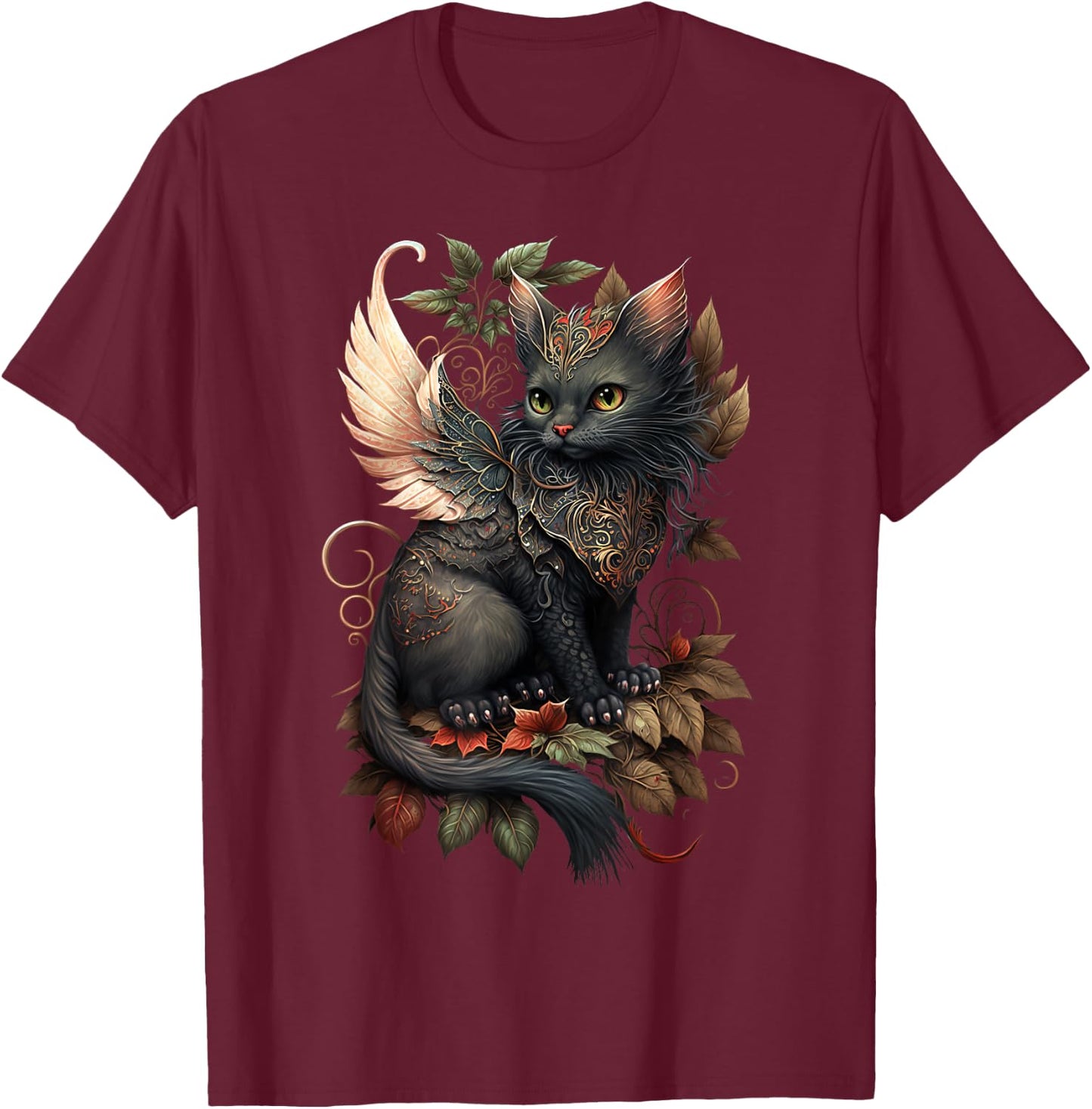 Mystical Black Cat Dragon Fairy: Copper Autumn Whimsy Men Women Girls Kids T-Shirt - T-Shirt | Maroon