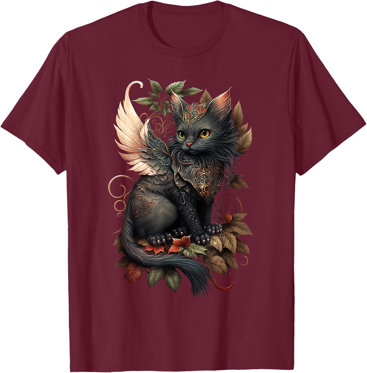 Mystical Black Cat Dragon Fairy: Copper Autumn Whimsy Men Women Girls Kids T-Shirt - T-Shirt | Maroon