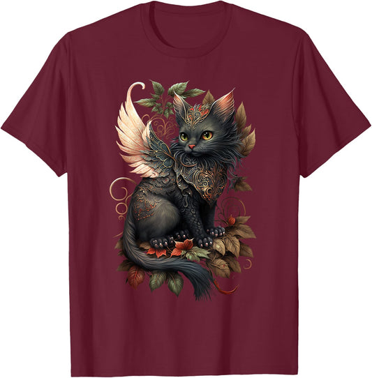 Mystical Black Cat Dragon Fairy: Copper Autumn Whimsy Men Women Girls Kids T-Shirt - T-Shirt | Maroon