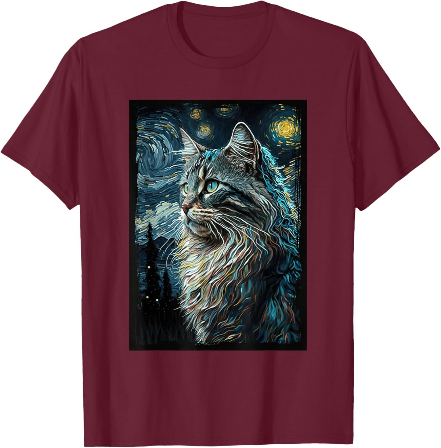 Maine Coon Cat Van Gogh's Starry Night Cat Lover Cat Mom Dad T-Shirt - T-Shirt | Maroon