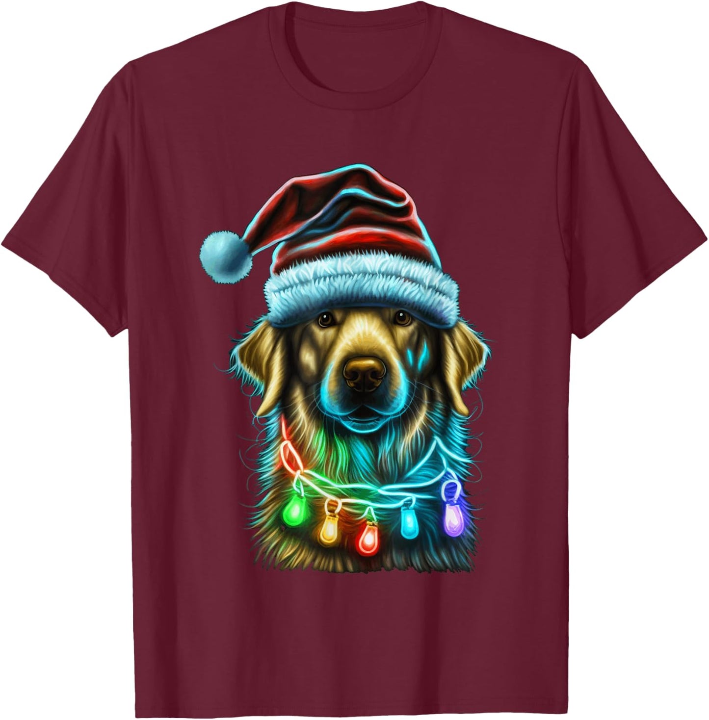Golden Retriever Funny dog Christmas Santa Hat lights tree Men Women Kids T-Shirt - T-Shirt | Maroon