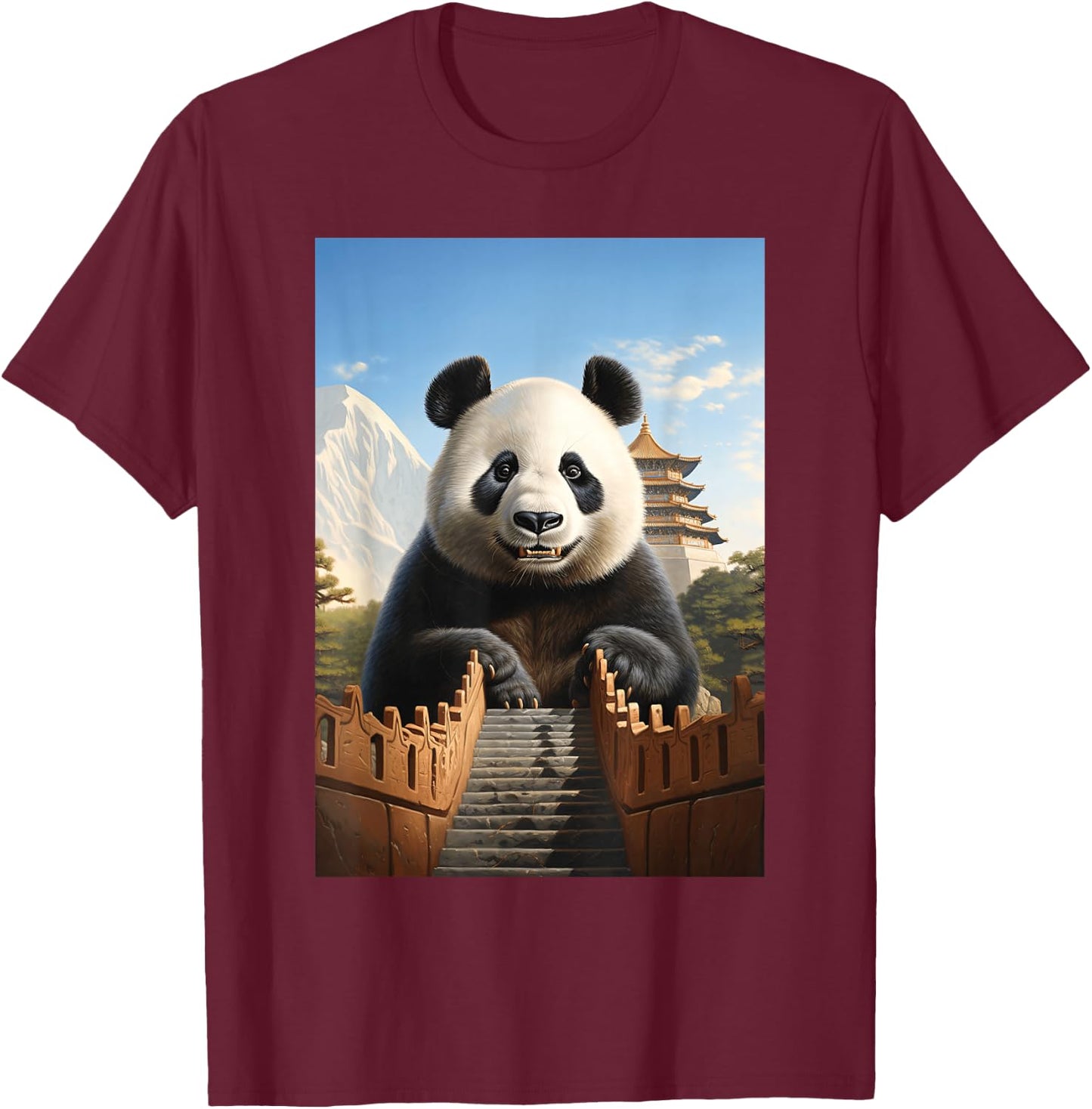 Animal Art Panda Chinese Architecture Large Panda T-Shirt - T-Shirt | Maroon