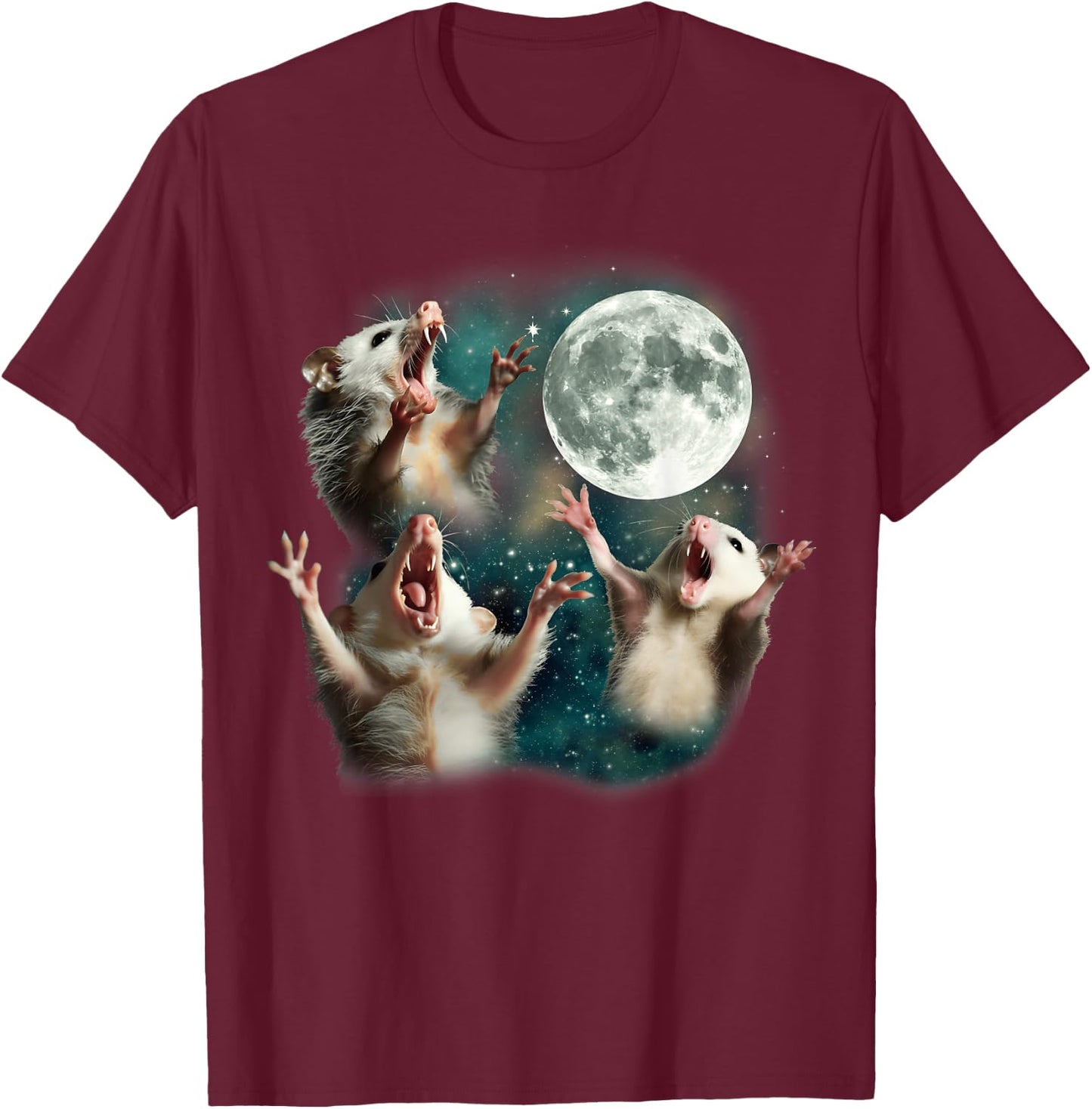 Three Possum Moon | 3 Opossum Funny Weird Cursed Meme T-Shirt - T-Shirt | Maroon