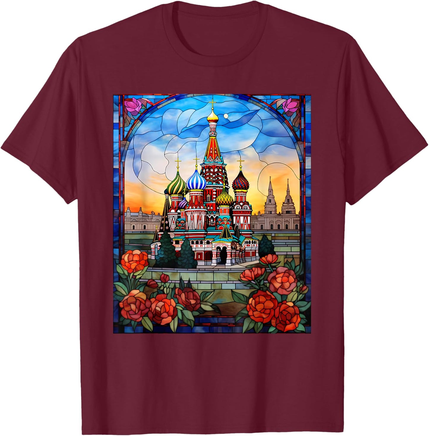 Stained Glass Style Red Square Moscow Russia T-Shirt - T-Shirt | Maroon