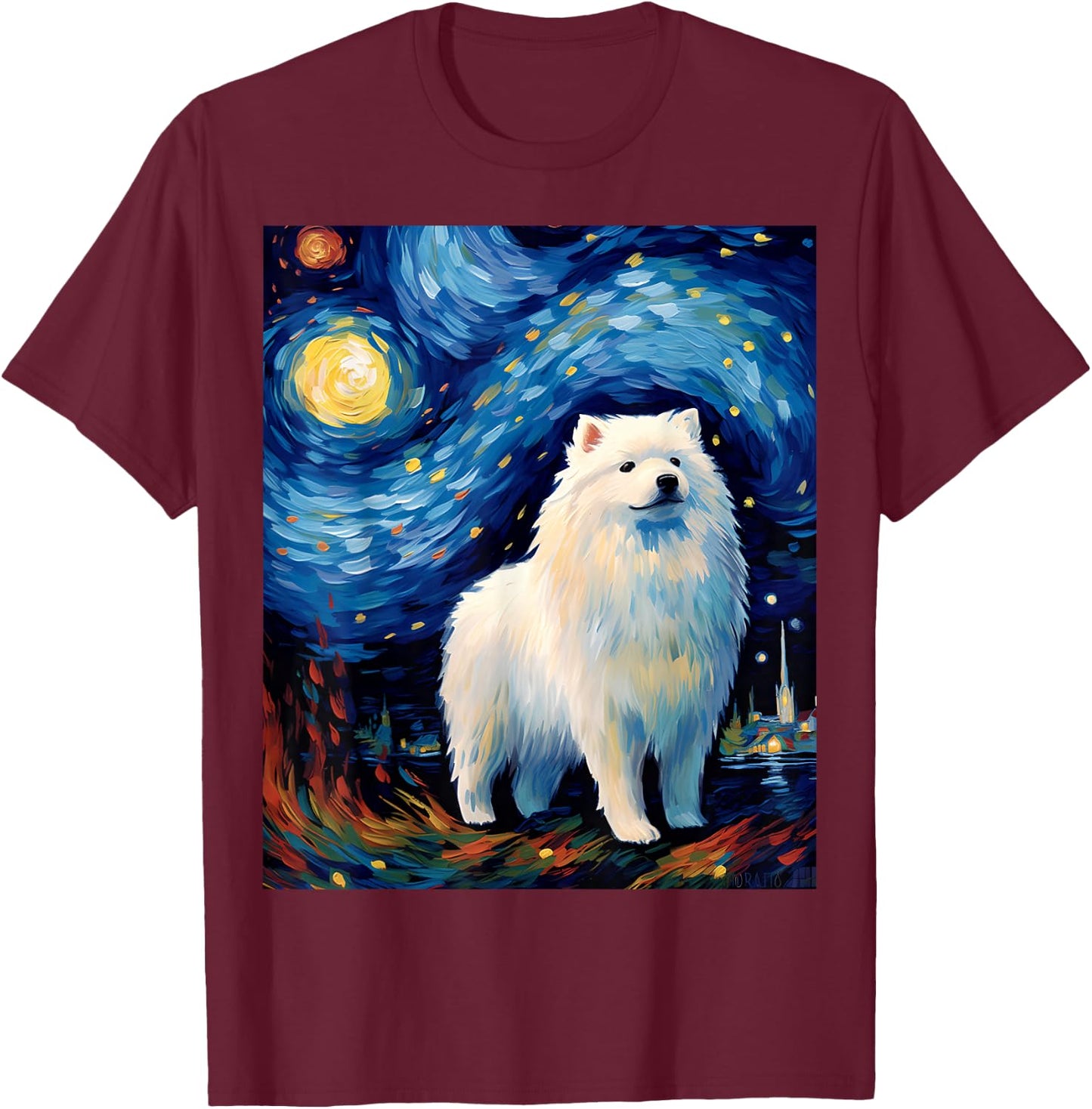 Surreal Starry Night Samoyed Dog T-Shirt - T-Shirt | Maroon