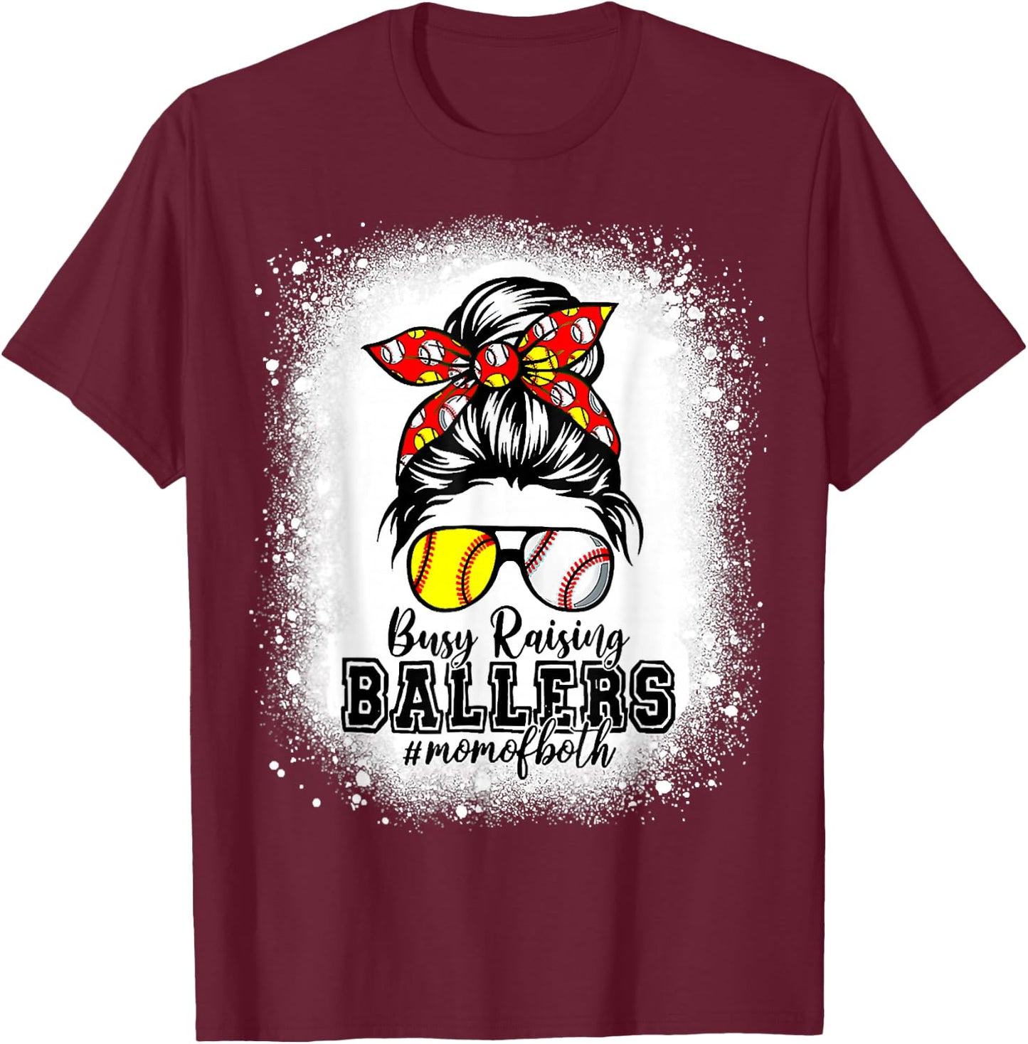 Messy Bun Mom Of Both Baseball Softball Busy Raising Ballers T-Shirt - T-Shirt | Maroon