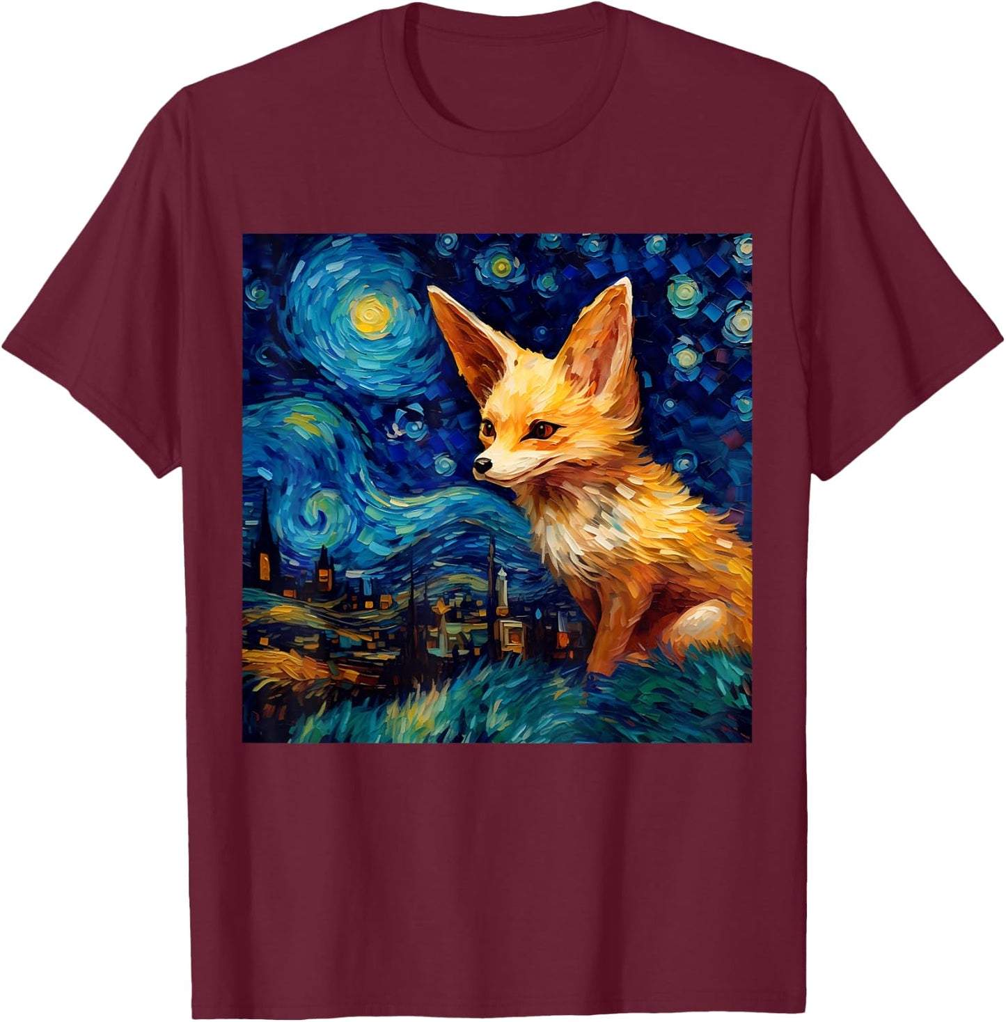 Surreal Starry Night Fennec Fox T-Shirt - T-Shirt | Maroon