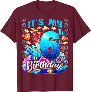 It's My 6th Birthday Boy Sea Fish Ocean Animals Aquarium T-Shirt - T-Shirt | Maroon