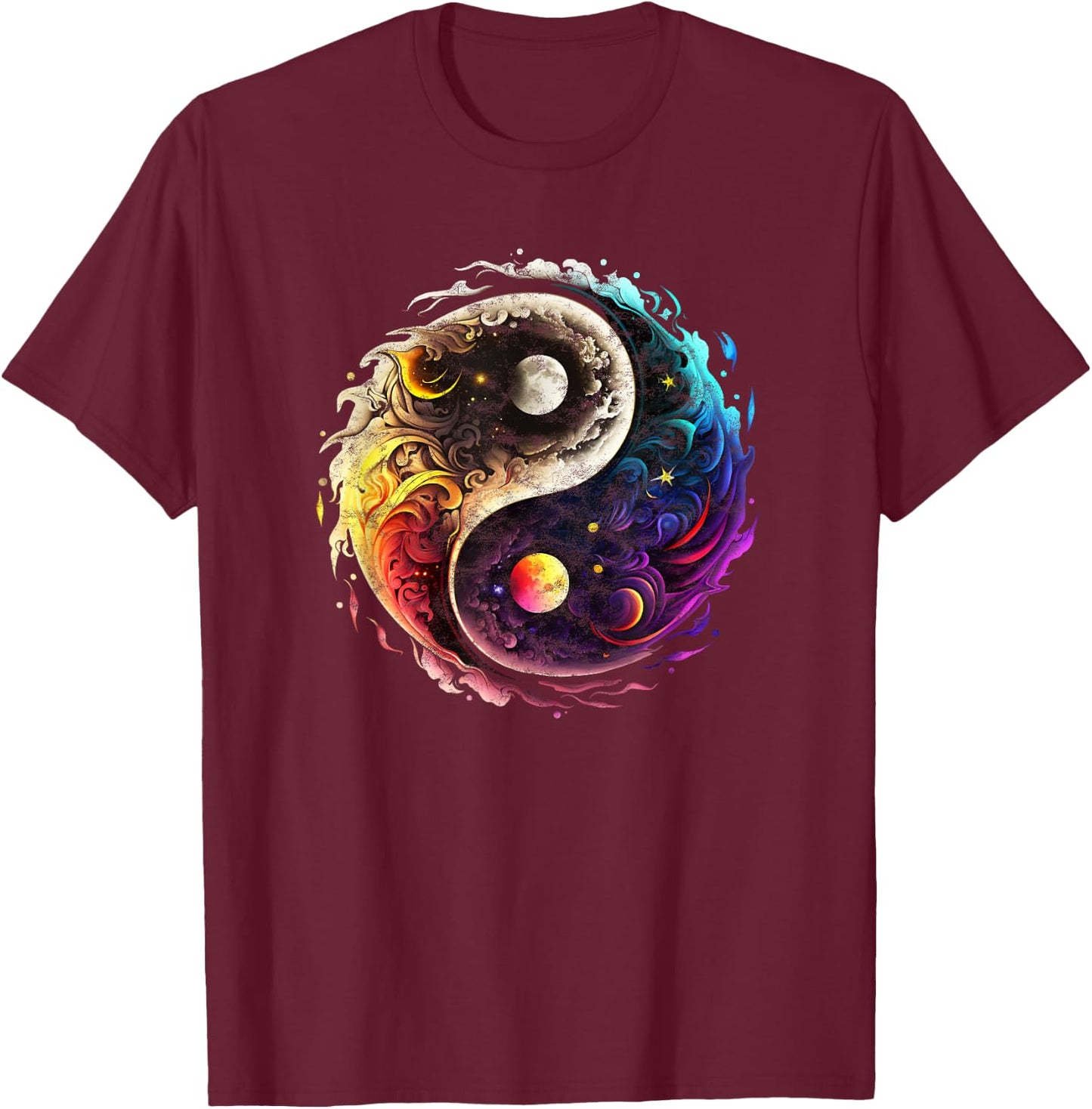 Yin Yang, sun, moon, universe, Tai chi, Qigong, yoga, Taoism T-Shirt - T-Shirt | Maroon