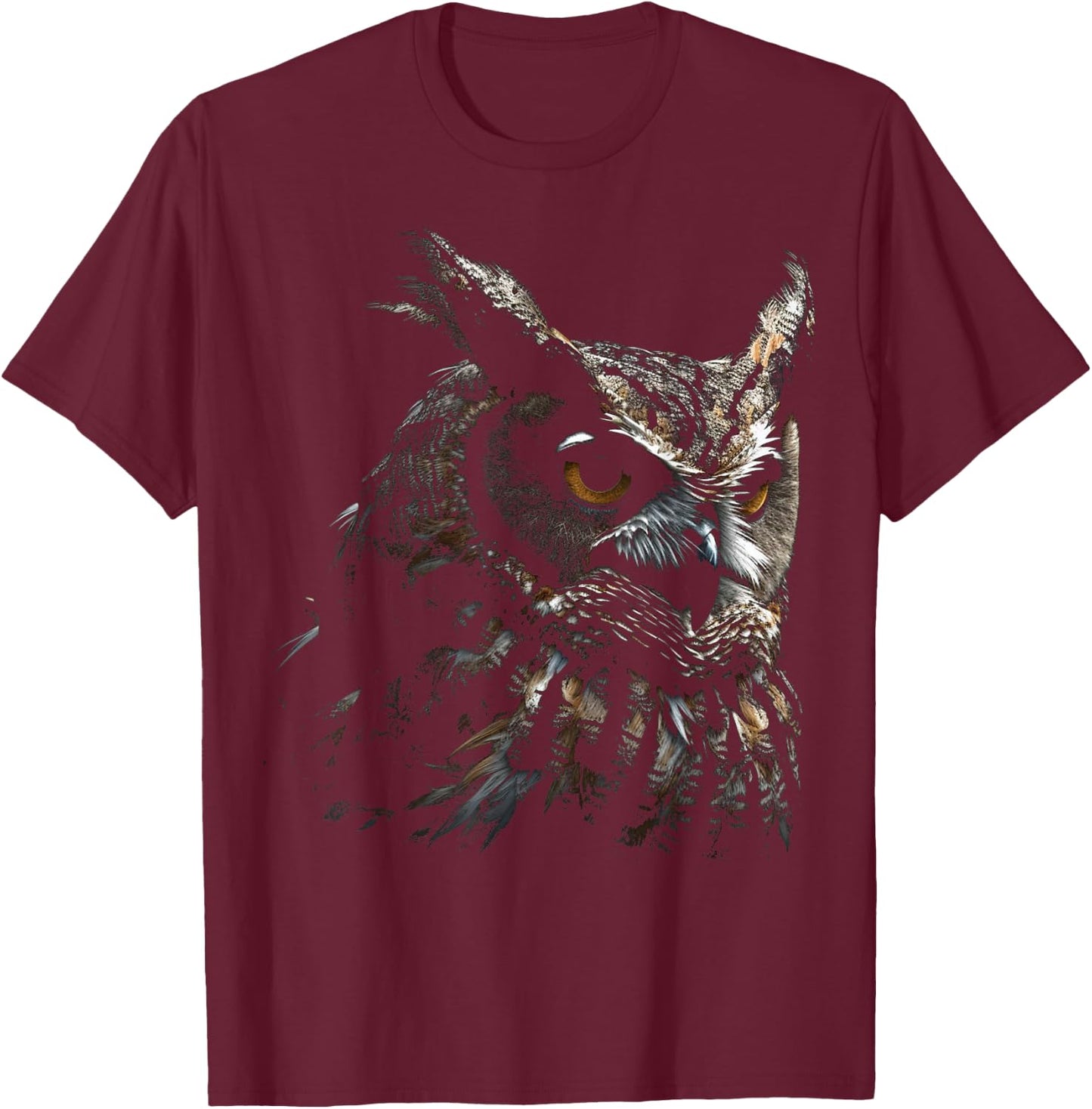 Owl Portrait Artwork | Animal Motif Owl T-Shirt - T-Shirt | Maroon