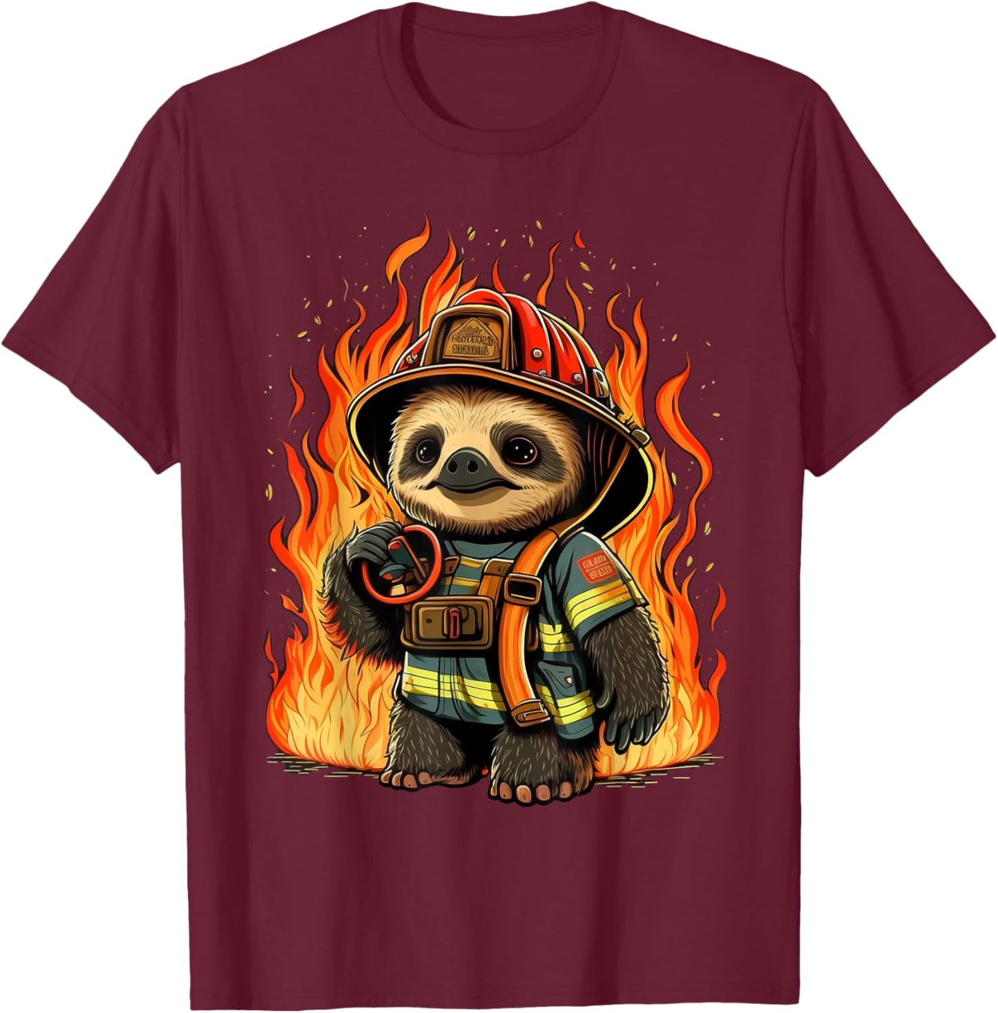Sloth Fireman on Firefighter Sloth T-Shirt - T-Shirt | Maroon