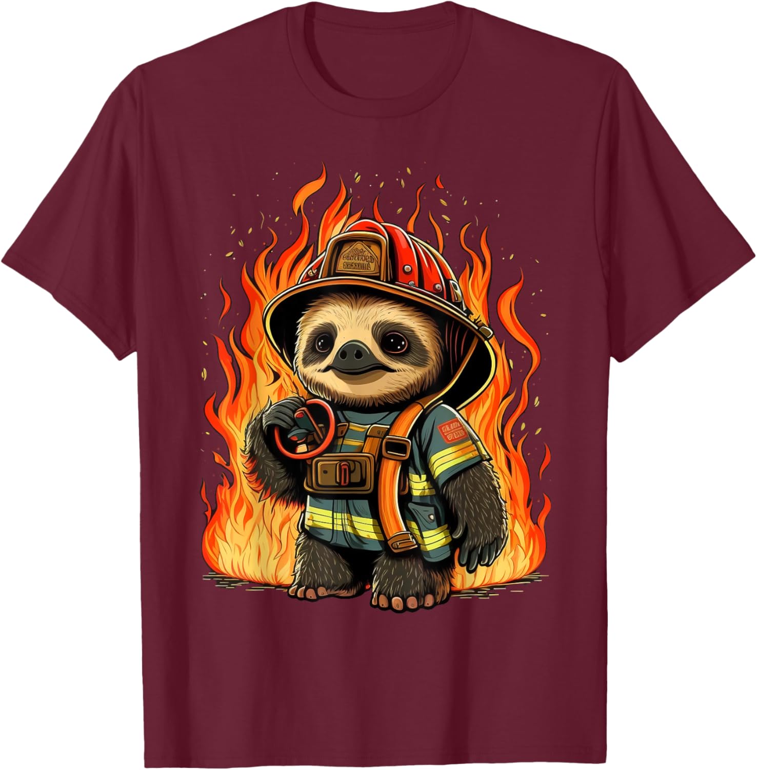 Sloth Fireman on Firefighter Sloth T-Shirt - T-Shirt | Maroon