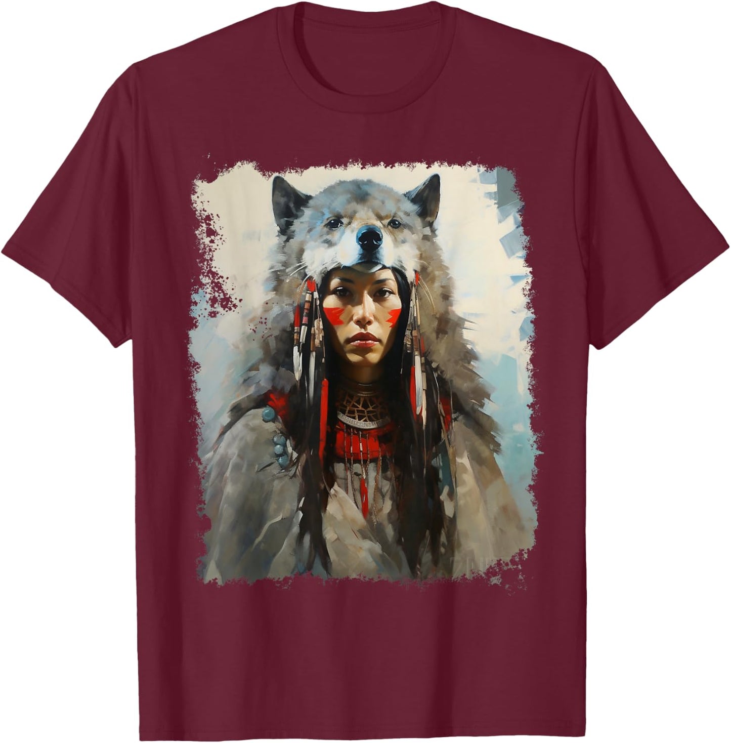 Native Indian Woman Tribe Wolf T-Shirt - T-Shirt | Maroon