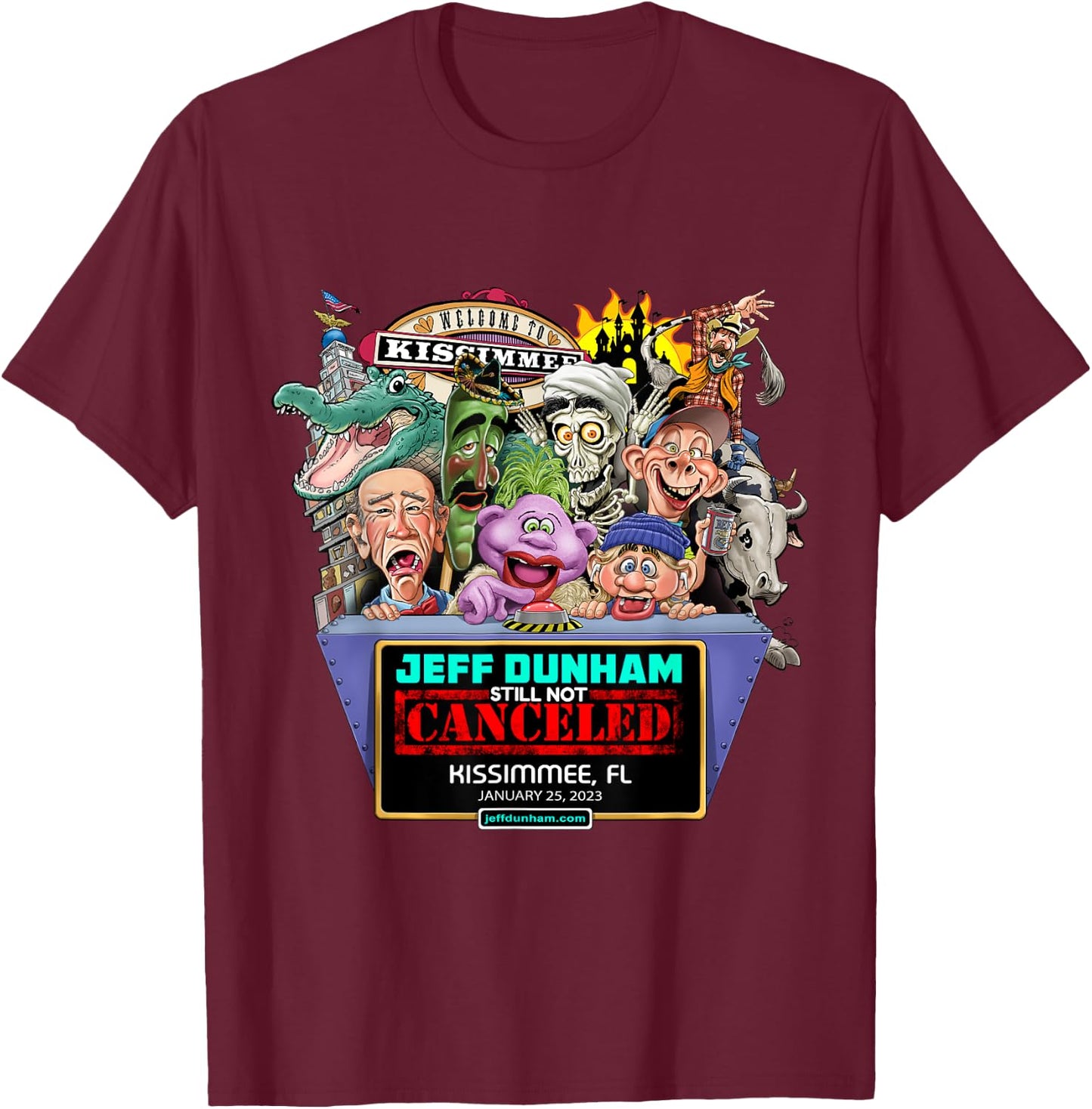 Jeff Dunham Kissimmee, FL (2023) T-Shirt - T-Shirt | Maroon