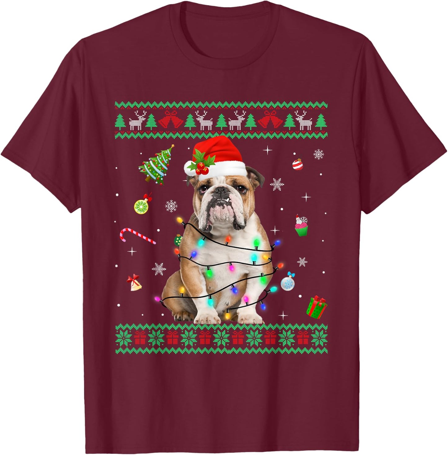 Ugly Sweater English Bulldog Dog Christmas Lights Santa Hat Women Kids T-Shirt - T-Shirt | Maroon