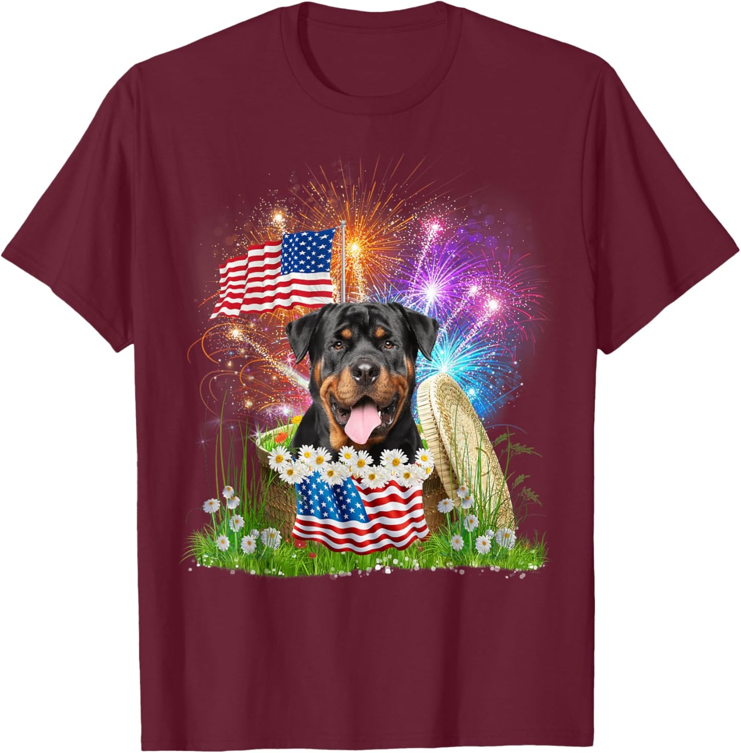 Rottweiler Patriotic American Flag Fireworks 4th Of July T-Shirt - T-Shirt | Maroon