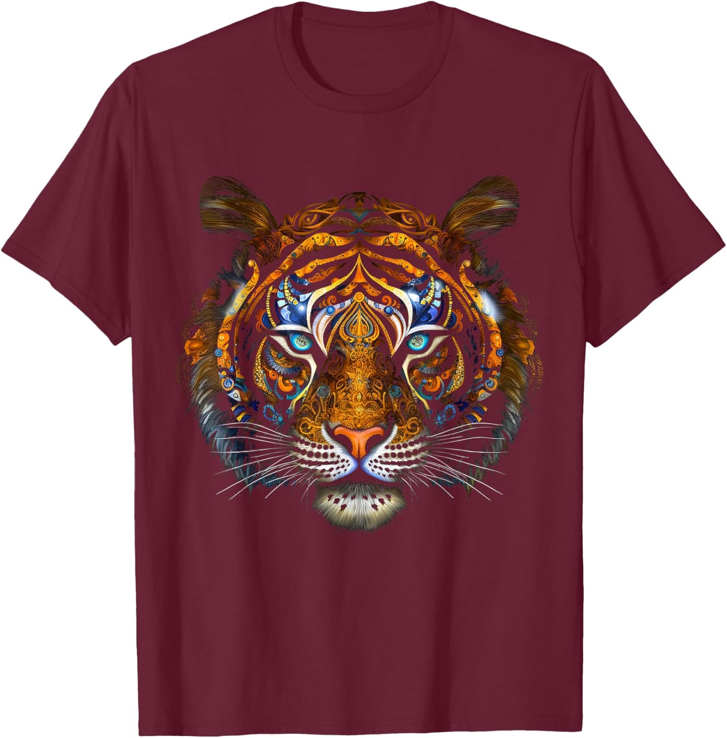 Tiger Mandala Blue Eyes - Artwork | Animal Motif Tiger T-Shirt - T-Shirt | Maroon