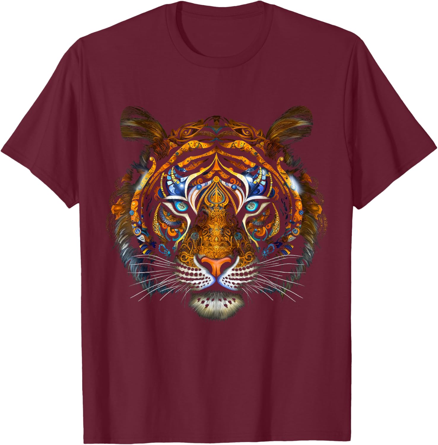 Tiger Mandala Blue Eyes - Artwork | Animal Motif Tiger T-Shirt - T-Shirt | Maroon