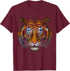 Tiger Mandala Blue Eyes - Artwork | Animal Motif Tiger T-Shirt - T-Shirt | Maroon