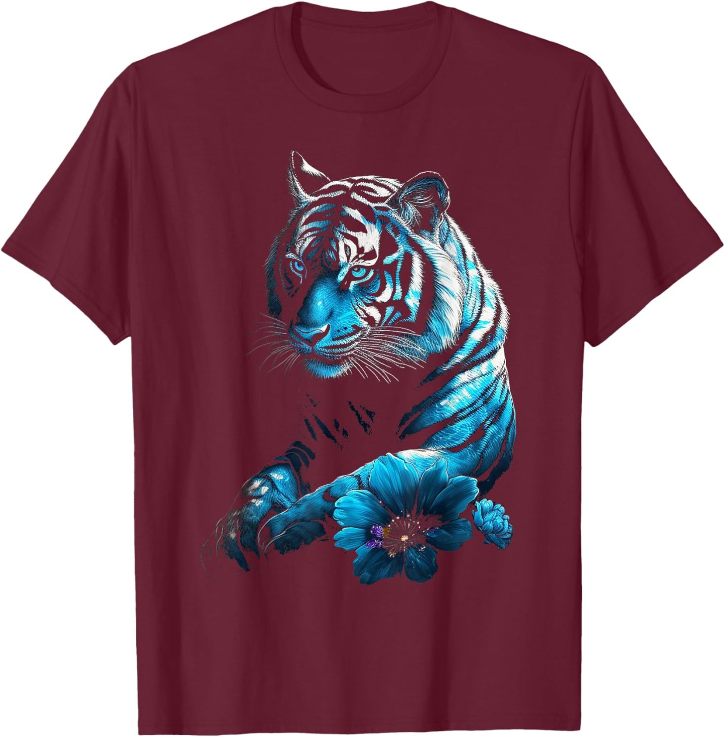 Tiger Lover Artwork | Flower Animal Motif Tiger T-Shirt - T-Shirt | Maroon