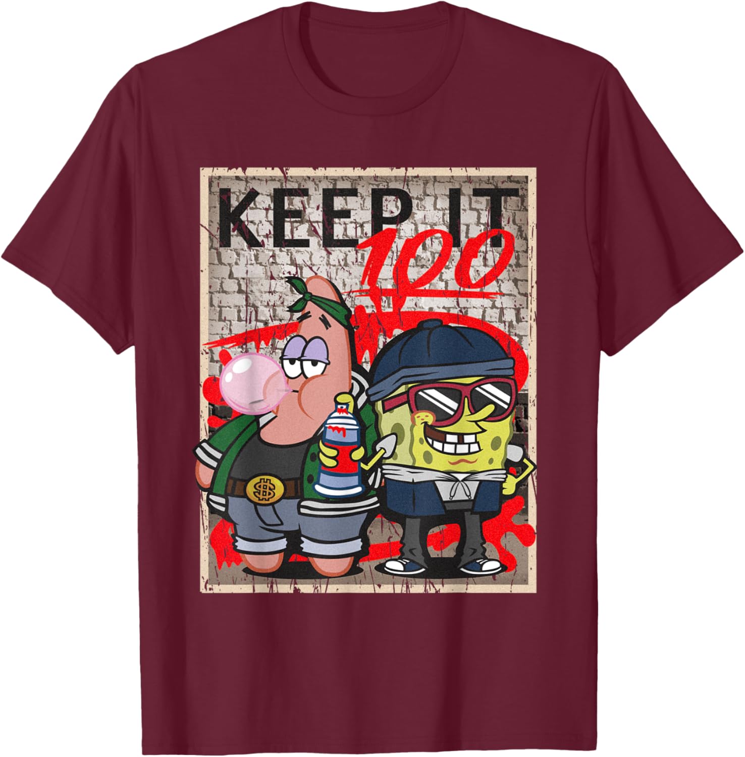 Mademark x SpongeBob SquarePants - SpongeBob and Patrick Keep it 100 Hip Hop Rap Graffiti Cool T-Shirt - T-Shirt | Maroon