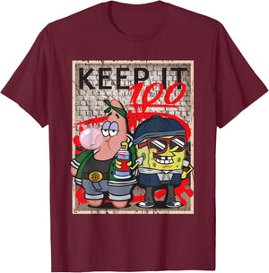 Mademark x SpongeBob SquarePants - SpongeBob and Patrick Keep it 100 Hip Hop Rap Graffiti Cool T-Shirt - T-Shirt | Maroon