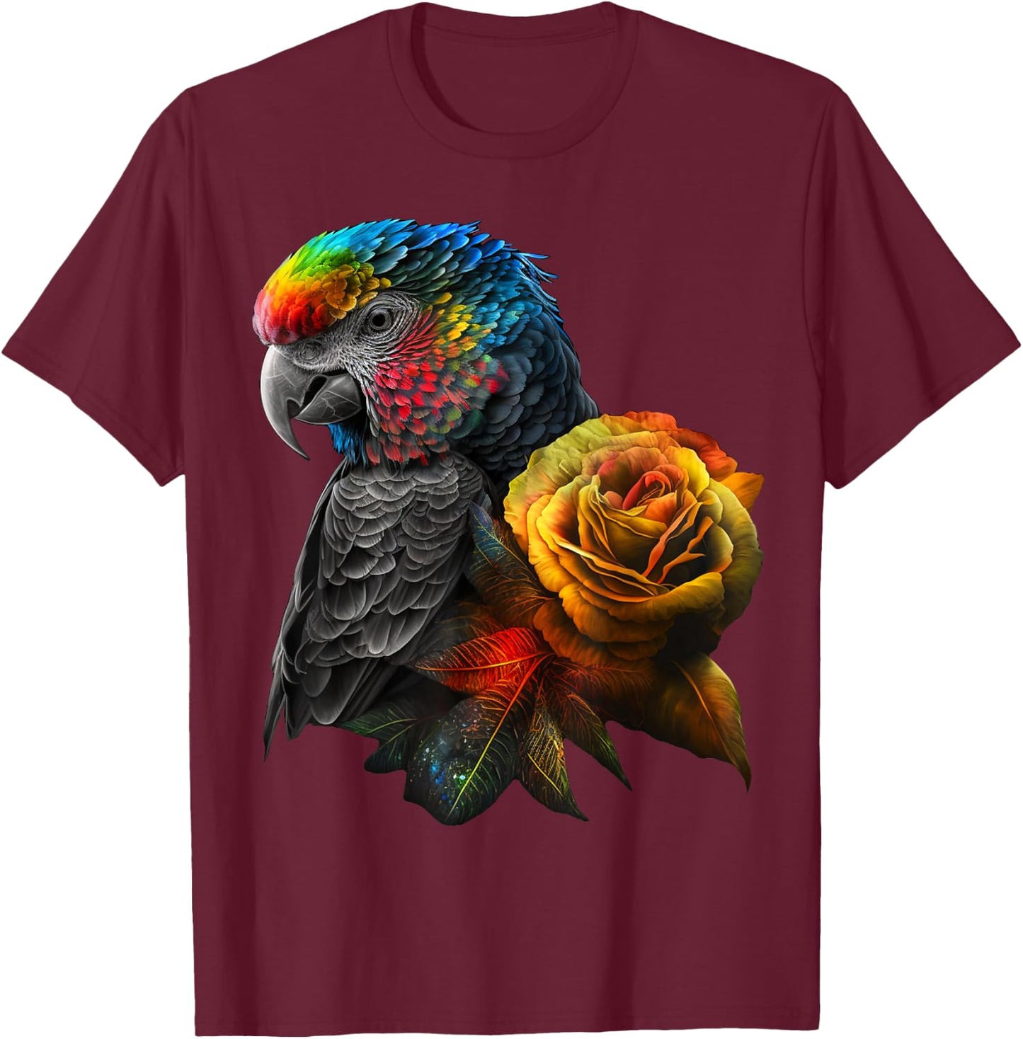 Parrot Bird Colourful Art Animal Flowers T-Shirt - T-Shirt | Maroon