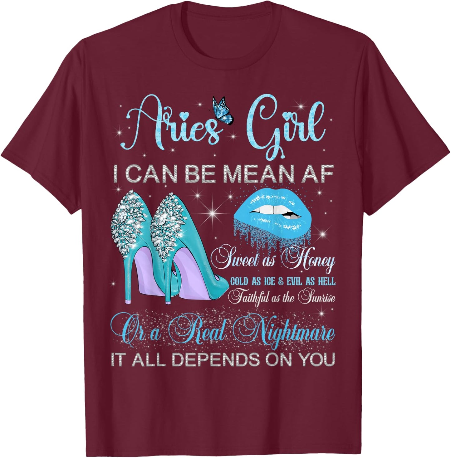 Aries Girl Birthday High Heels Dripping Lips Butterfly T-Shirt - T-Shirt | Maroon