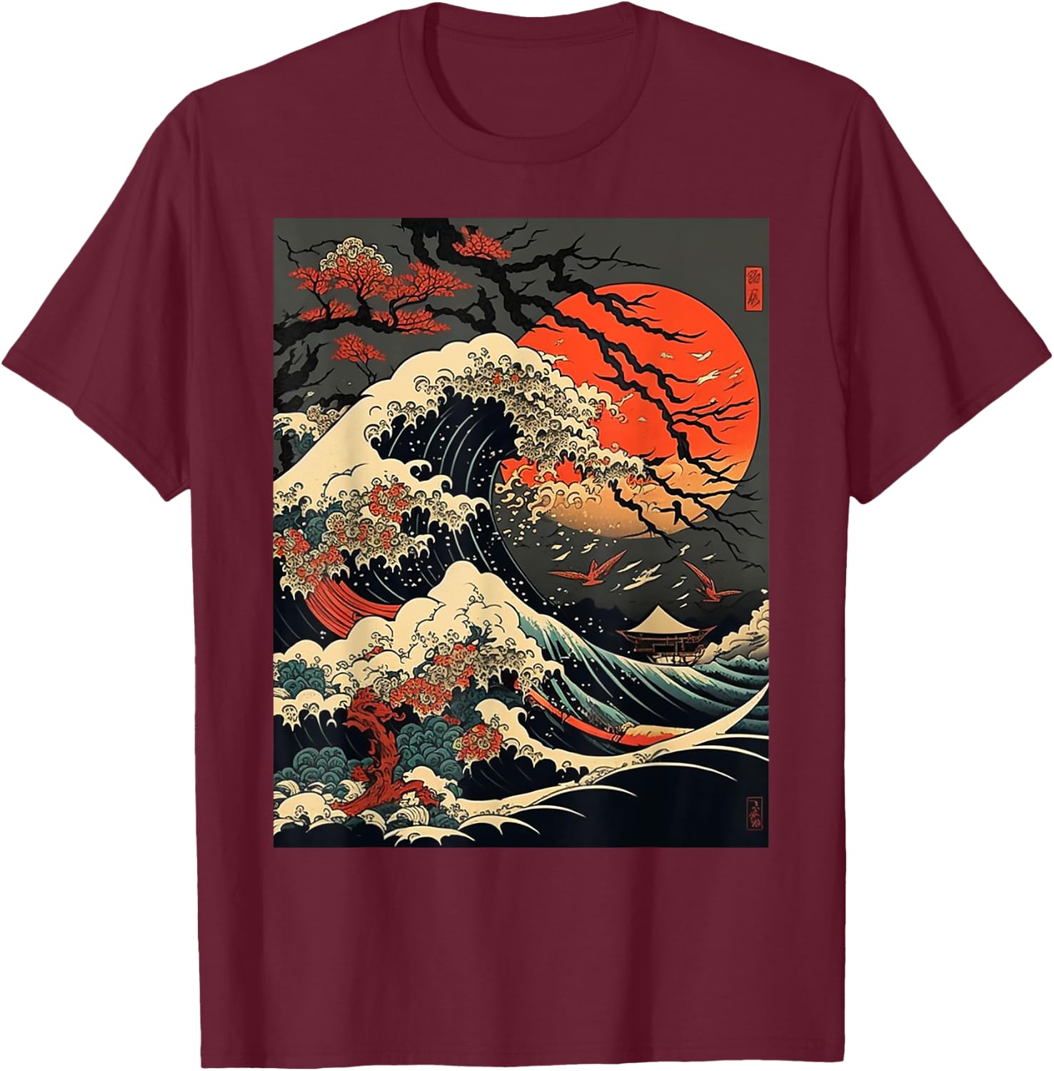vintage Kanagawa Japanese The great wave Cherry Blossom Art T-Shirt - T-Shirt | Maroon