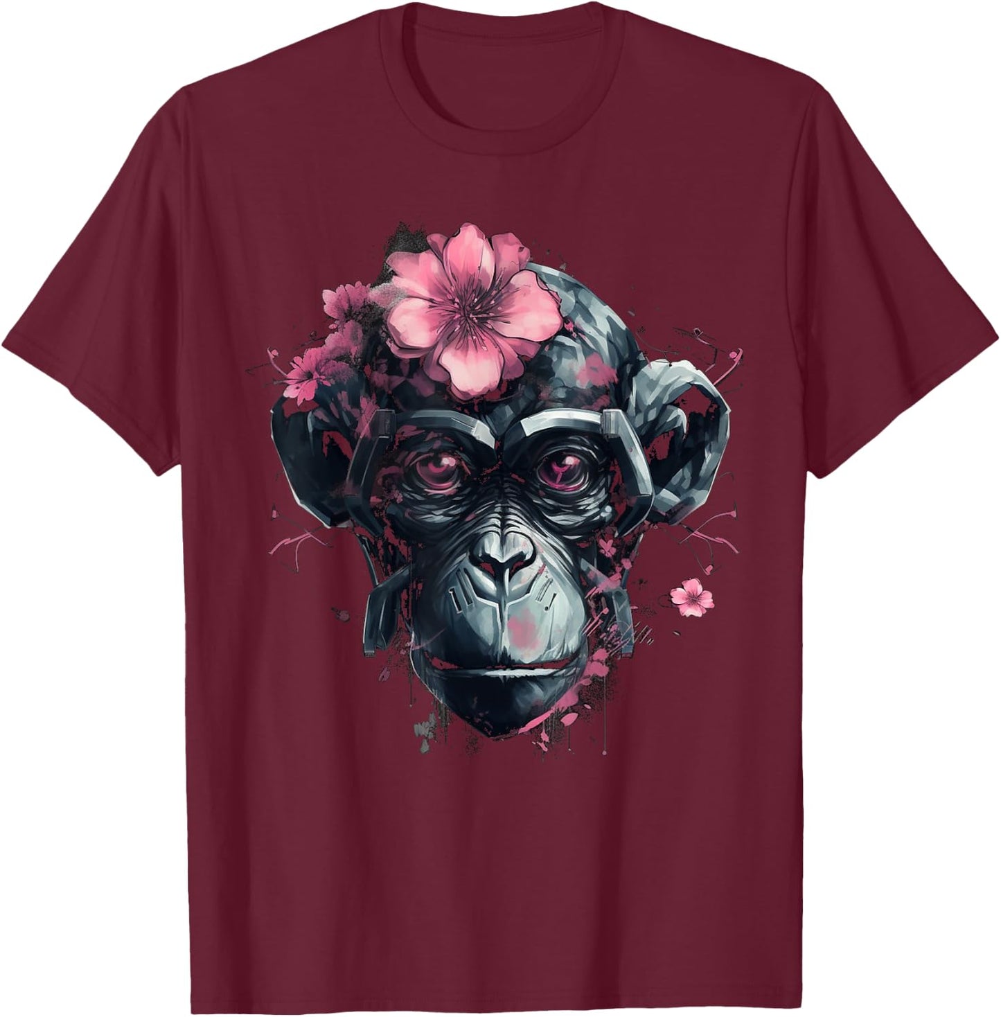 Monkey Flowers Animal Zoo - Artwork Robot Art Monkey T-Shirt - T-Shirt | Maroon