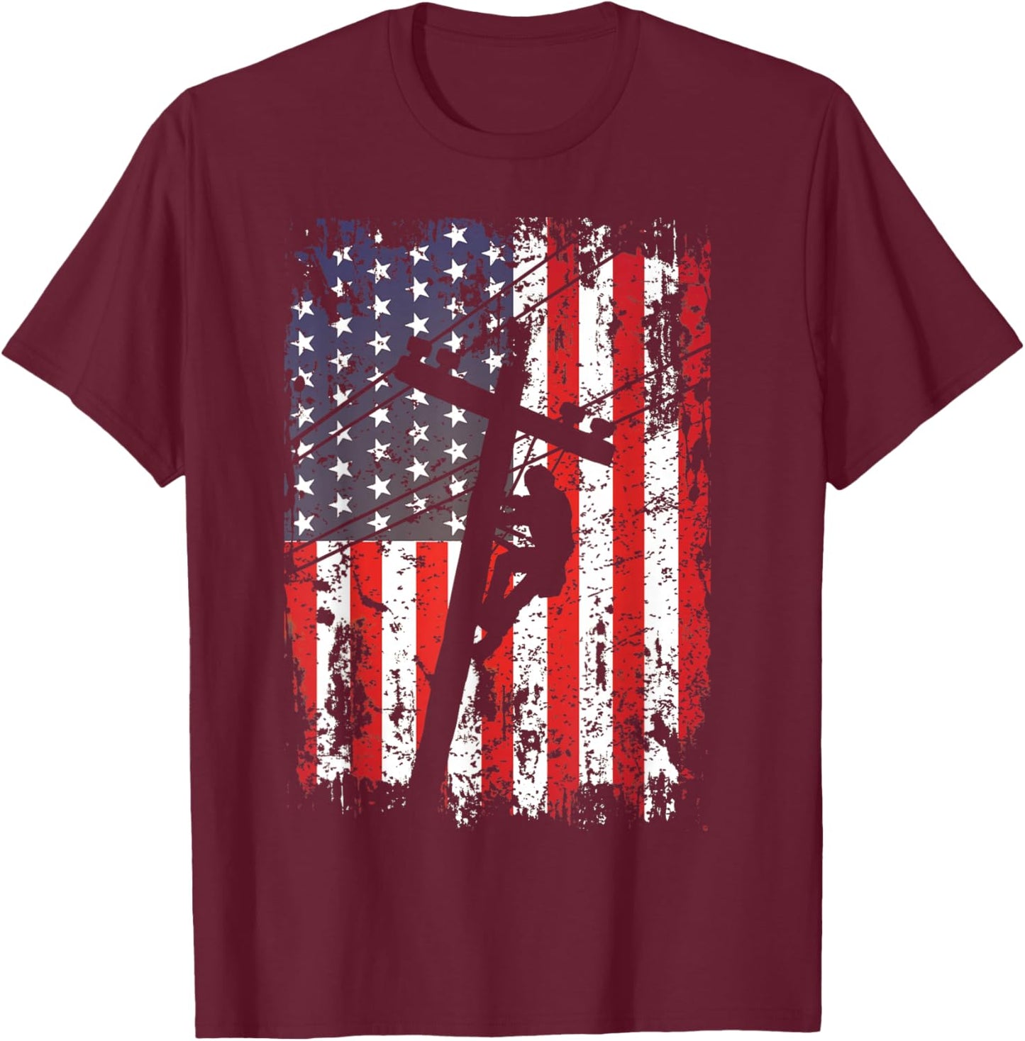 Lineman American Flag USA Patriotic Lineman Gift Lineman T-Shirt - T-Shirt | Maroon